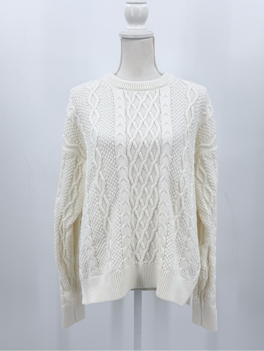 J.Crew Fisherman Cable Knit Sweater Women Sz L Ivory Cream 100% Cotton Crewneck